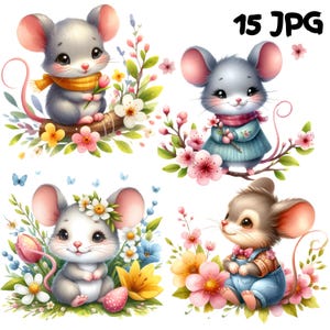 Lot de 15 cliparts souris printemps JPG aquarelle souris florale mignonne en téléchargement numérique Artisanat en papier en papier bricolage fabrication de cartes mignonnes souris imprimables
