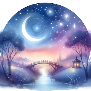 15 JPG Pacchetto di arte digitale con ponte notturno stellato, stile acquerello, stelle notturne, paesaggio, download digitale, cielo notturno da sogno, ponte JPG