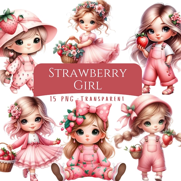Strawberry Girl Clipart Bundle 15 PNG High Quality Watercolor Cute Girl Berry Baby Shower Decorations Digital Download Nursery Decor Prints