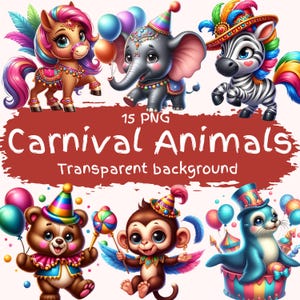 Carnaval dieren clipartbundel 15 png hoge kwaliteit cartoon schattig dierentuin circus dier digitale download kleurrijke afdrukbare stickers DIY ambachten