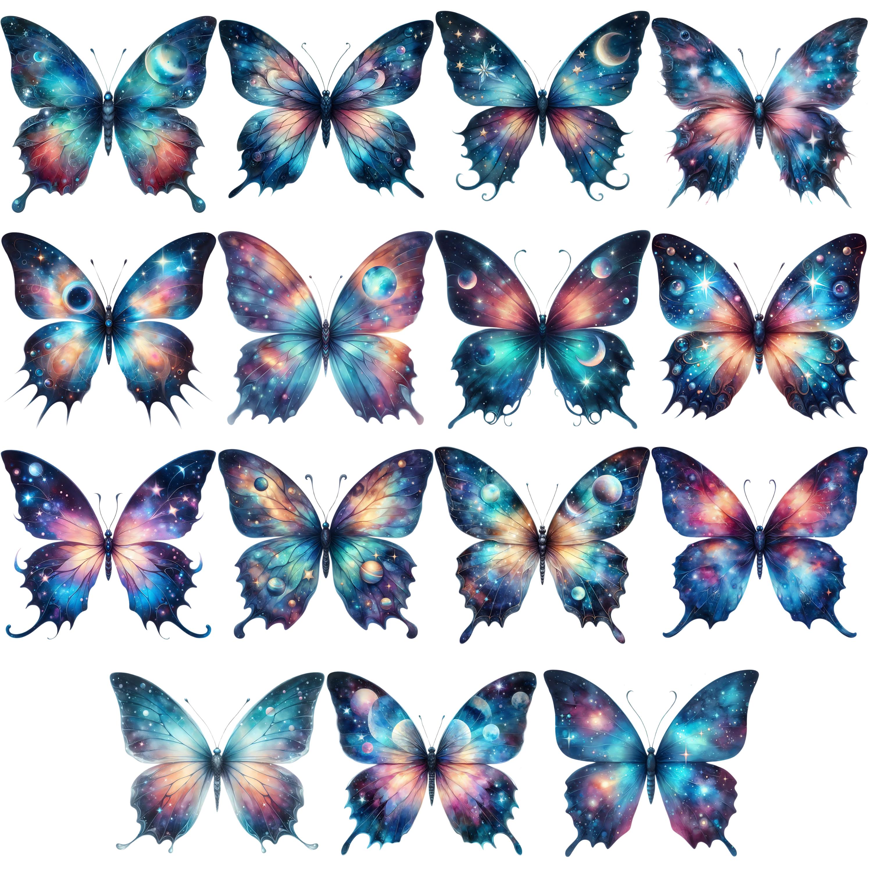 Celestial Butterfly Clipart Bundle 15 PNG Watercolor Cosmic Galaxy