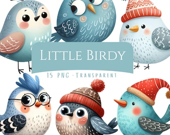 Paquete de 15 imágenes prediseñadas de pajaritos: acuarela, lindos pájaros, descarga digital, imprimibles para niños, manualidades de papel, decoración infantil, arte escandinavo de aves