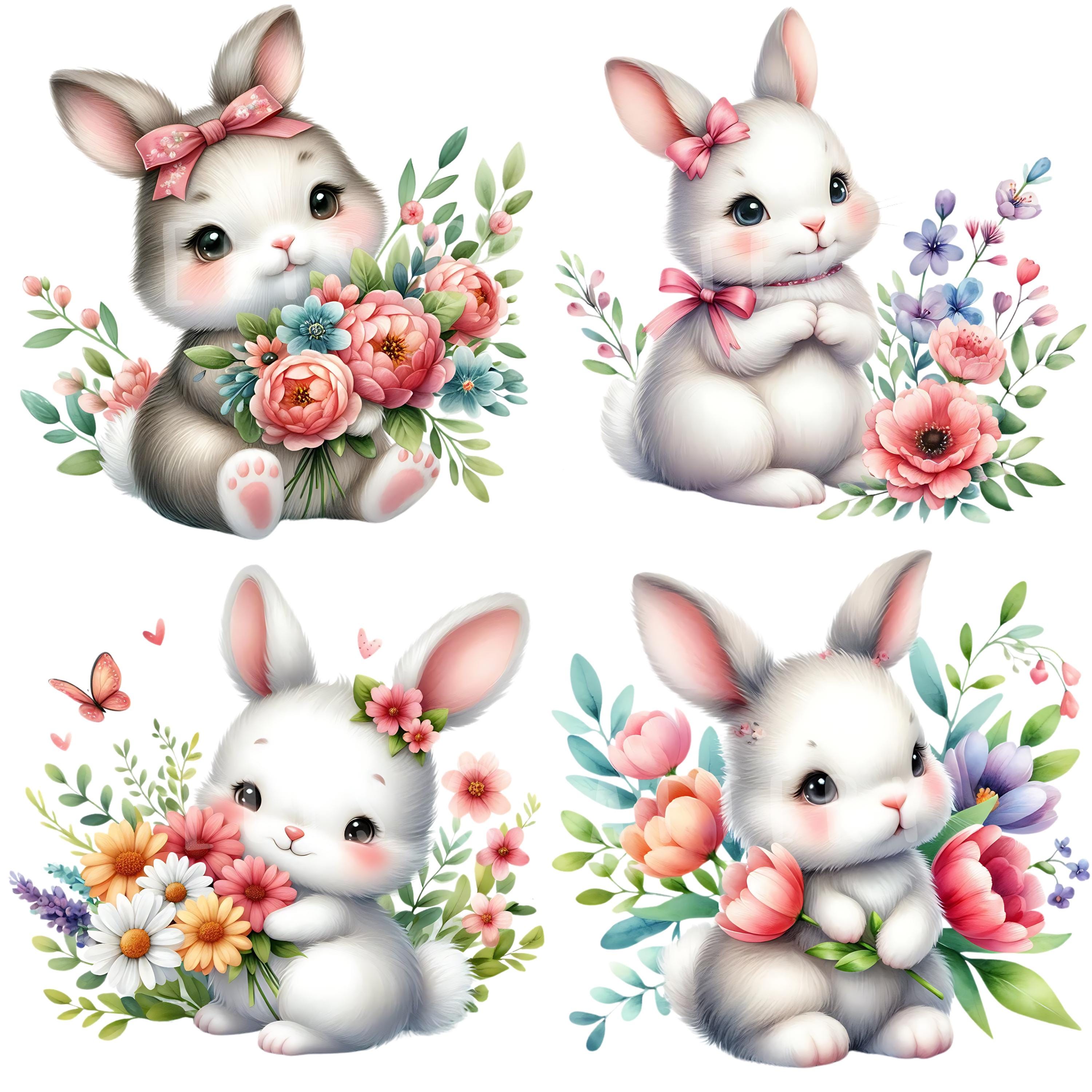 Flower Bunny Clipart Bundle 15 PNG High Quality Watercolor Cute Spring ...