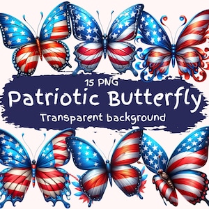 Bundle de 15 cliparts papillon patriotique PNG mignon lumineux 4 juillet drapeau américain papillon en téléchargement numérique Clipart imprimable fête de l'indépendance