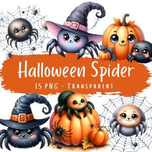 Pacote de clipart de aranha de Halloween com 15 imagens em PNG de aquarela, aranha fofa, download digital, imprimíveis de Halloween, imagens de scrapbook de outono