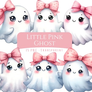 Könnte beinhalten: Sechs niedliche Cartoon-Geister, jeder mit einer rosa Schleife. Die Geister sind weiß mit rosigen Wangen und großen Augen. Das Bild enthält den Text "LITTLE PINK GHOST" und "15 PNG - TRANSPARENT" auf einem rosa Banner.