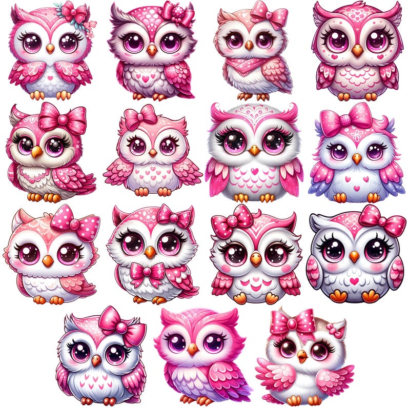 Rosa Eule Clipart Bundle 15 PNG Hochwertige Cartoon Eule Ilustrationen Süße Pastell Eule Digitale Kunst Download Printables Digitales Basteln Pngs Bild 7