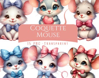 Coquette Mouse Clipart Bundle 15 PNG High Quality Watercolor Little Baby Mouse Digital Download Farm Animal Printable Junk Journal Images