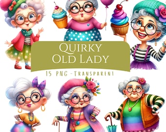 Quirky Old Lady Clipart Bundle 15 PNG High Quality Watercolor Quirky Woman Digital Download Funny Grandma Printable Junk Journal Images