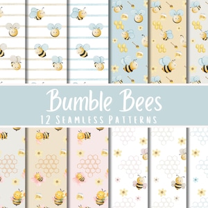 12 JPG Seamless Digital Papers Cute Nursery Pattern Bumble Bee Digital Download Background Watercolor Baby Bees Paper Crafts Scrapbook Pages