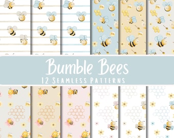 12 JPG Seamless Digital Papers Cute Nursery Pattern Bumble Bee Digital Download Background Watercolor Baby Bees Paper Crafts Scrapbook Pages