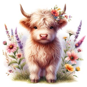 15 JPG Wildflower Highland Cow Clipart Bundle Watercolor Cute Baby Fluffy Cow Watercolor Floral Cow Digital Download Printables Scrapbooking