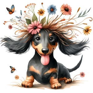 Lot de 15 cliparts teckel fleurs excentriques aquarelle Doxie décalé à télécharger chien Weiner mignon drôle imprimable fleurs animaux en papier artisanat