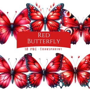 Red Butterfly Clipart Bundle 18 PNG High Quality Watercolor Cute Spring Colorful Butterfly Digital Download Files Scrapbooking Graphics