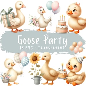 Lot de 18 cliparts fête de l'oie, aquarelle de haute qualité, décorations de shower de bébé mignon en téléchargement numérique, décoration de chambre d'enfant, cartes d'anniversaire de bébé