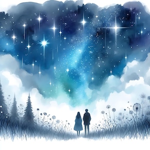 Ensemble d'art numérique pour couple nuit étoilée JPG, aquarelle, illustration fantaisiste, étoiles de nuit, paysage, téléchargement numérique, observation des étoiles romantique
