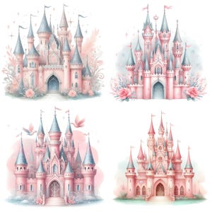 Pode incluir: Quatro ilustra&ccedil;&otilde;es de aquarela de castelos de conto de fadas cor-de-rosa com detalhes intrincados e elementos caprichosos. Cada castelo tem um design &uacute;nico e &eacute; cercado por vegeta&ccedil;&atilde;o exuberante e flores.