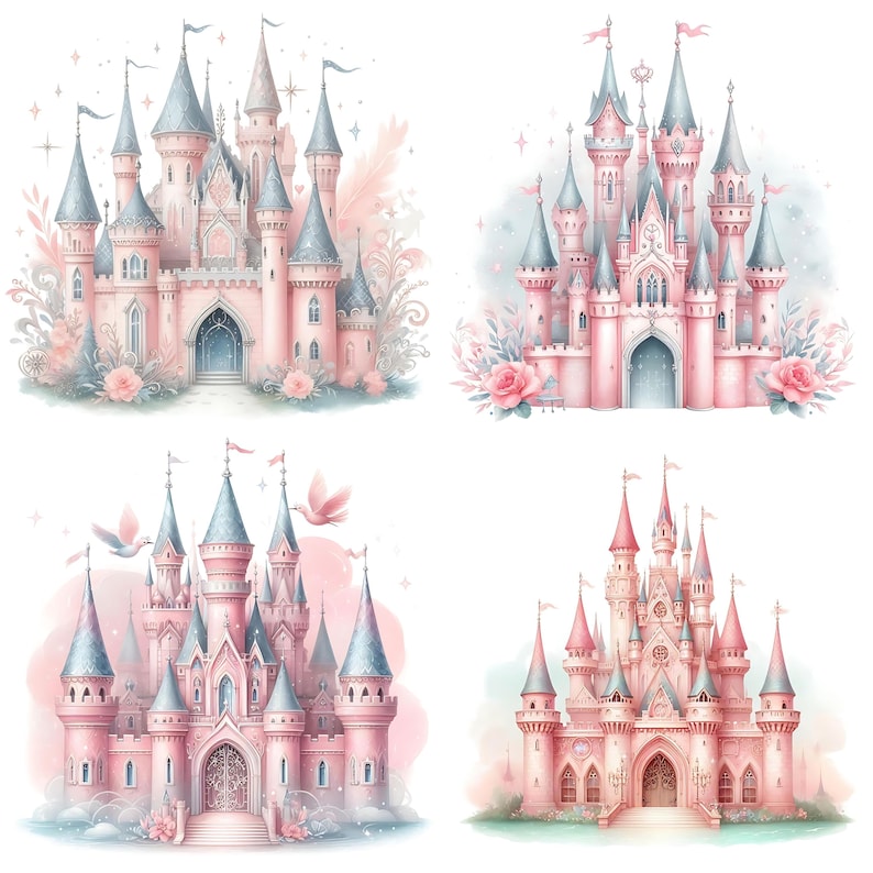 Pode incluir: Quatro ilustra&ccedil;&otilde;es de aquarela de castelos de conto de fadas cor-de-rosa com detalhes intrincados e elementos caprichosos. Cada castelo tem um design &uacute;nico e &eacute; cercado por vegeta&ccedil;&atilde;o exuberante e flores.