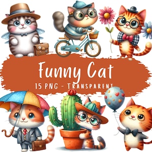 Funny Cat Clipart Bundle 15 PNG Watercolor Quirky Cat Digital Download Funny Quirky Animals Printable Stickers Whimsical Kitten Scrapbook