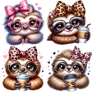 Cute Sloth Girl Clipart Bundle 12 PNG High Quality Watercolor Coquette Bow Coffee Girly Sloth Printable Stickers Digital Crafting Downloads image 5
