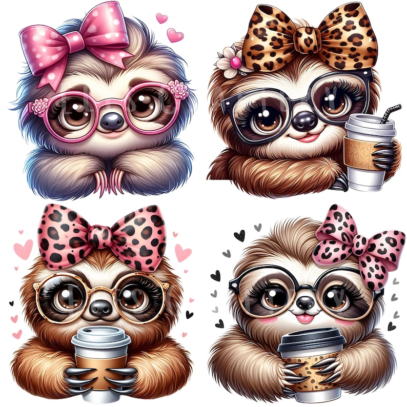 Cute Sloth Girl Clipart Bundle 12 PNG High Quality Watercolor Coquette Bow Coffee Girly Sloth Printable Stickers Digital Crafting Downloads image 5