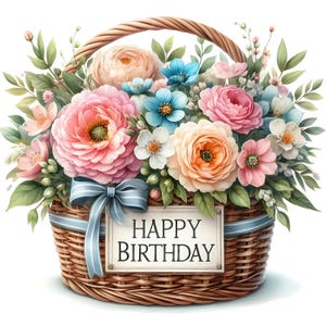 15 JPG Happy Birthday Flower Basket Clipart Bundle Digital Download Birthday Gift DIY Printable Card Making Birthday Flower Paper Crafts JPG
