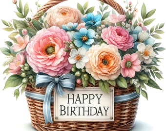 15 JPG Happy Birthday Flower Basket Clipart Bundle Digital Download Birthday Gift DIY Printable Card Making Birthday Flower Paper Crafts JPG