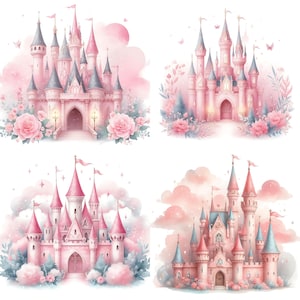 Pode incluir: Quatro ilustra&ccedil;&otilde;es de castelos de conto de fadas cor-de-rosa com torres e janelas brancas. Cada castelo &eacute; rodeado por flores cor-de-rosa e brancas e nuvens.