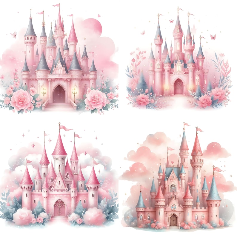 Pode incluir: Quatro ilustra&ccedil;&otilde;es de castelos de conto de fadas cor-de-rosa com torres e janelas brancas. Cada castelo &eacute; rodeado por flores cor-de-rosa e brancas e nuvens.