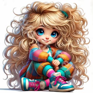 May include: A cartoon illustration of a young person with long, curly blonde hair and large blue eyes. They are wearing a colorful plaid outfit and blue and white sneakers with pink laces, sitting with their legs crossed.