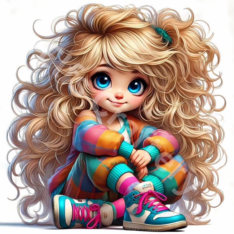 May include: A cartoon illustration of a young person with long, curly blonde hair and large blue eyes. They are wearing a colorful plaid outfit and blue and white sneakers with pink laces, sitting with their legs crossed.