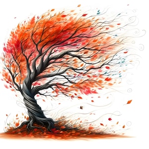 May include: An artistic illustration of a tree with a twisted trunk and branches filled with red and orange leaves. The leaves appear to be blowing in the wind, with some falling to the ground. The artwork is set against a white background.