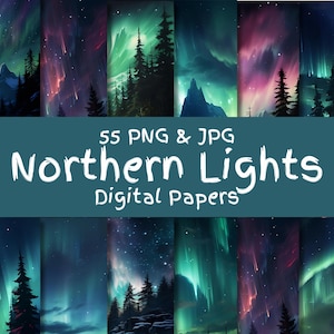 Noorderlicht digitale papers 55 PNG- en JPG-bestanden hoge kwaliteit Aurora Lights landschap bundel ongewenste dagboek Scrapbooking digitale afbeeldingen
