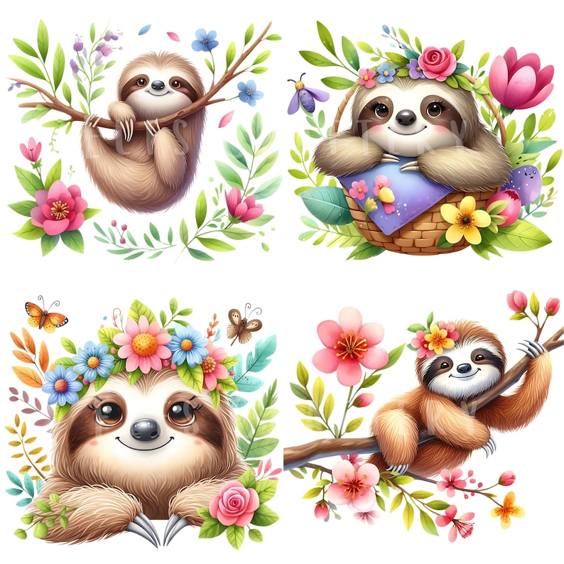 Sloth Spring Roll Spring Sloth Clipart Bundle 12 PNG High Quality Watercolor Floral Sloth ...