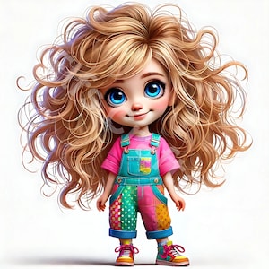 May include: A cartoon doll with large blue eyes and long, curly blonde hair. The doll wears a pink t-shirt, teal overalls, and colorful patchwork pants. The doll is wearing red and yellow sneakers.
