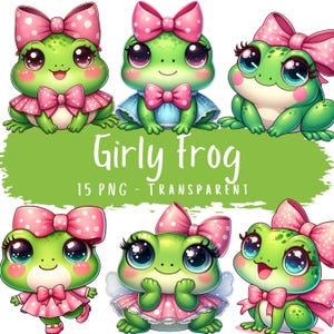 Bundle de clipart girly grenouille 15 PNG haute qualité mignon grenouille aquarelle téléchargement numérique grenouille amoureux cartes imprimables numérique Coquette grenouille graphique