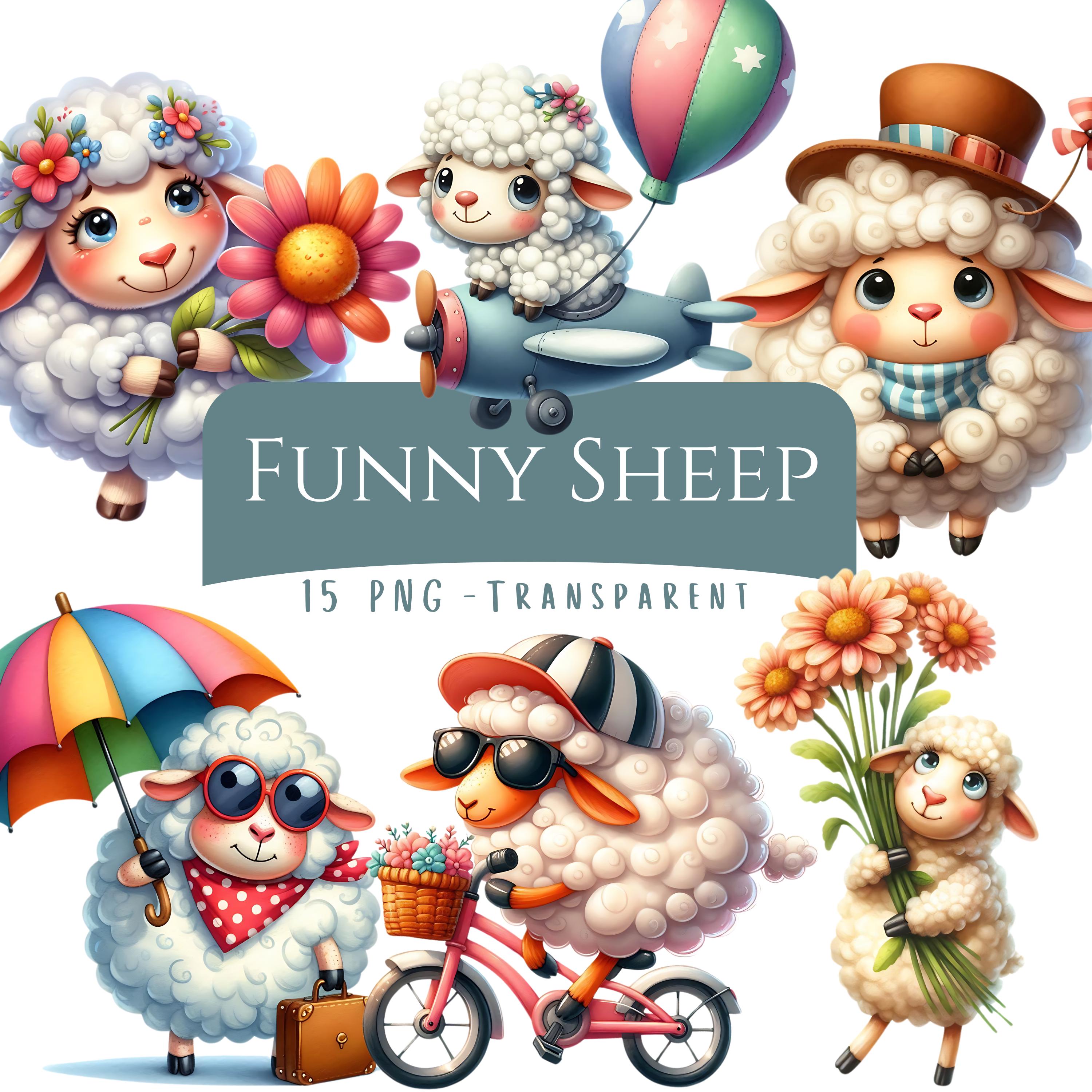Funny Sheep Clipart Bundle 15 PNG High Quality Watercolor Cute Quirky Sheeps Digital Download Funny Animals Printables Scrapbooking Files