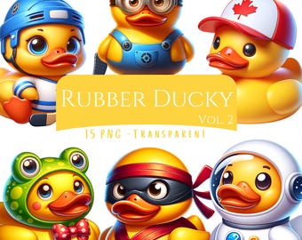 Rubber Ducky Clipart Bundle 15 PNG Cute Duck Clip Art Set Duck Costume Printables for Digital Crafts Junk Journal Scrapbooking Cartoon Duck