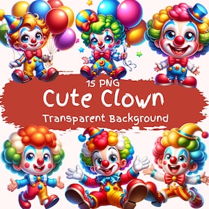 Lindo paquete de imágenes prediseñadas de payaso, 15 PNG de alta calidad, dibujos animados de payaso divertido, descarga digital, archivos de arte, fiesta divertida, globo, payaso, circo, archivos digitales
