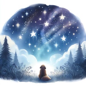 18 JPG Pacchetto di arte digitale con cucciolo di notte stellata, acquerello, pittura a olio, notte, stelle, paesaggio, download digitale, campo da sogno con cane JPG