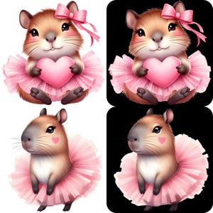 Puede incluir: Cuatro im&aacute;genes de un capibara de dibujos animados con un tut&uacute; y un lazo rosa. El capibara sostiene un coraz&oacute;n rosa. Dos im&aacute;genes est&aacute;n sobre un fondo blanco y dos sobre un fondo negro. El capibara tiene un cuerpo marr&oacute;n, cara gris y mejillas rosas.