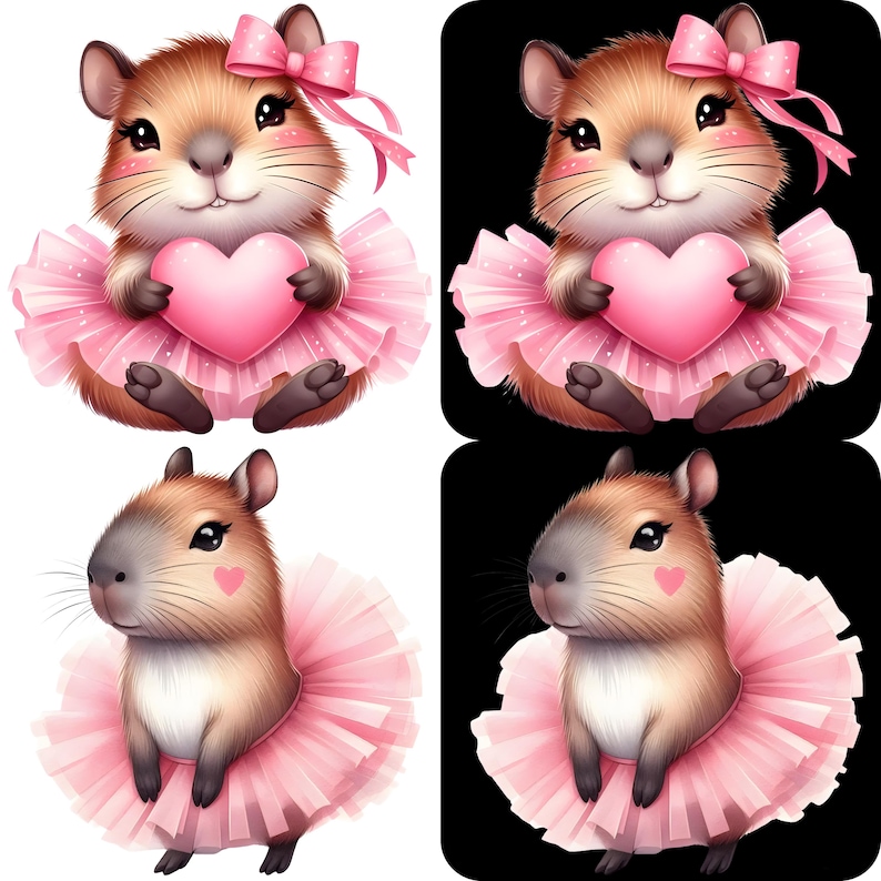Puede incluir: Cuatro im&aacute;genes de un capibara de dibujos animados con un tut&uacute; y un lazo rosa. El capibara sostiene un coraz&oacute;n rosa. Dos im&aacute;genes est&aacute;n sobre un fondo blanco y dos sobre un fondo negro. El capibara tiene un cuerpo marr&oacute;n, cara gris y mejillas rosas.