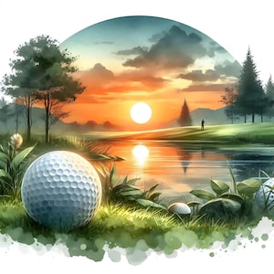 Könnte beinhalten: Aquarellmalerei einer Golfszene bei Sonnenuntergang. Ein Golfball liegt im Vordergrund auf grünem Gras, mit einem See und einem Golfer im Hintergrund. Der Himmel ist mit orangefarbenen und gelben Farbtönen gefüllt.