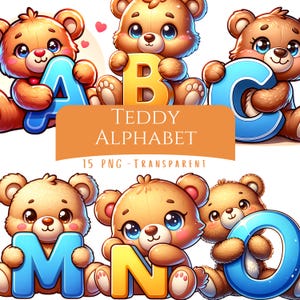 Teddy Alphabet Clipart Bundle 26 PNG Cute Teddy Bear with Letters Nursery Printable Designs Sublimation Graphics Commercial Use Images