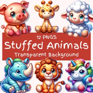 Pacote de clipart de animais de pelúcia 12 arquivos PNG Gráficos digitais de animais fofos de berçário Adorável clipart de desenho animado Download instantâneo Uso comercial