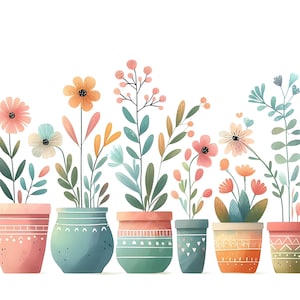 15 JPG Pastel Flower Pots Digital Art Bundle Beautiful Whimsical Watercolor Florals Digital Download Printable Plant Scrapbook Paper Craft