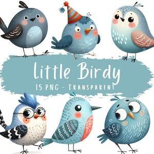 Pacchetto di clipart di Little Birdy, 15 PNG, acquerello, uccellino carino, download digitale, stampabili per bambini, carta per lavoretti, decorazioni per la cameretta dei bambini, arte scandinava con uccelli.