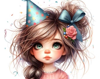 May include: A digital illustration of a young girl with large green eyes, wearing a party hat and a blue bow with a pink rose. Her brown hair is styled with a braid and loose strands. Confetti and streamers add to the festive theme.