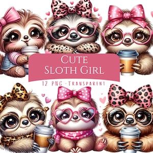Cute Sloth Girl Clipart Bundle 12 PNG High Quality Watercolor Coquette Bow Coffee Girly Sloth Printable Stickers Digital Crafting Downloads
