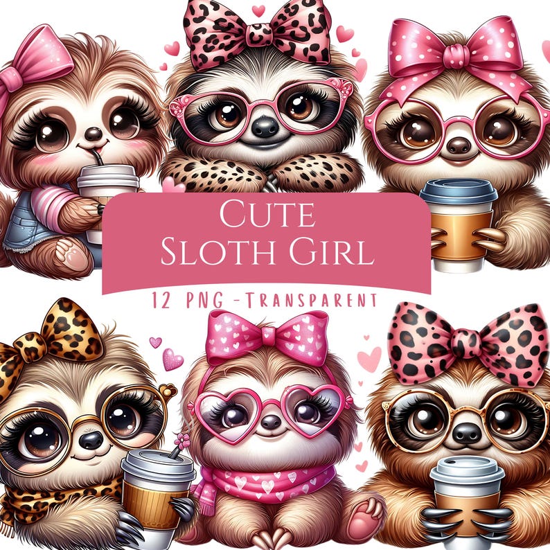 Cute Sloth Girl Clipart Bundle 12 PNG High Quality Watercolor Coquette Bow Coffee Girly Sloth Printable Stickers Digital Crafting Downloads image 1